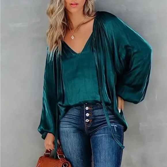 Luxe Satin Neck Tie Lantern Long sleeve Blouse - Picture 2 of 13